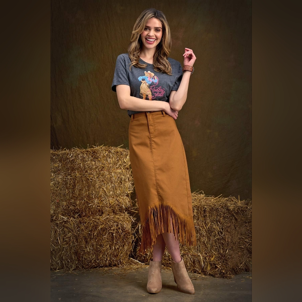 Fringe Hem Denim Midi Skirt Plus Size Tan Western Coastal Cowgirl NWT - Picture 10 of 11
